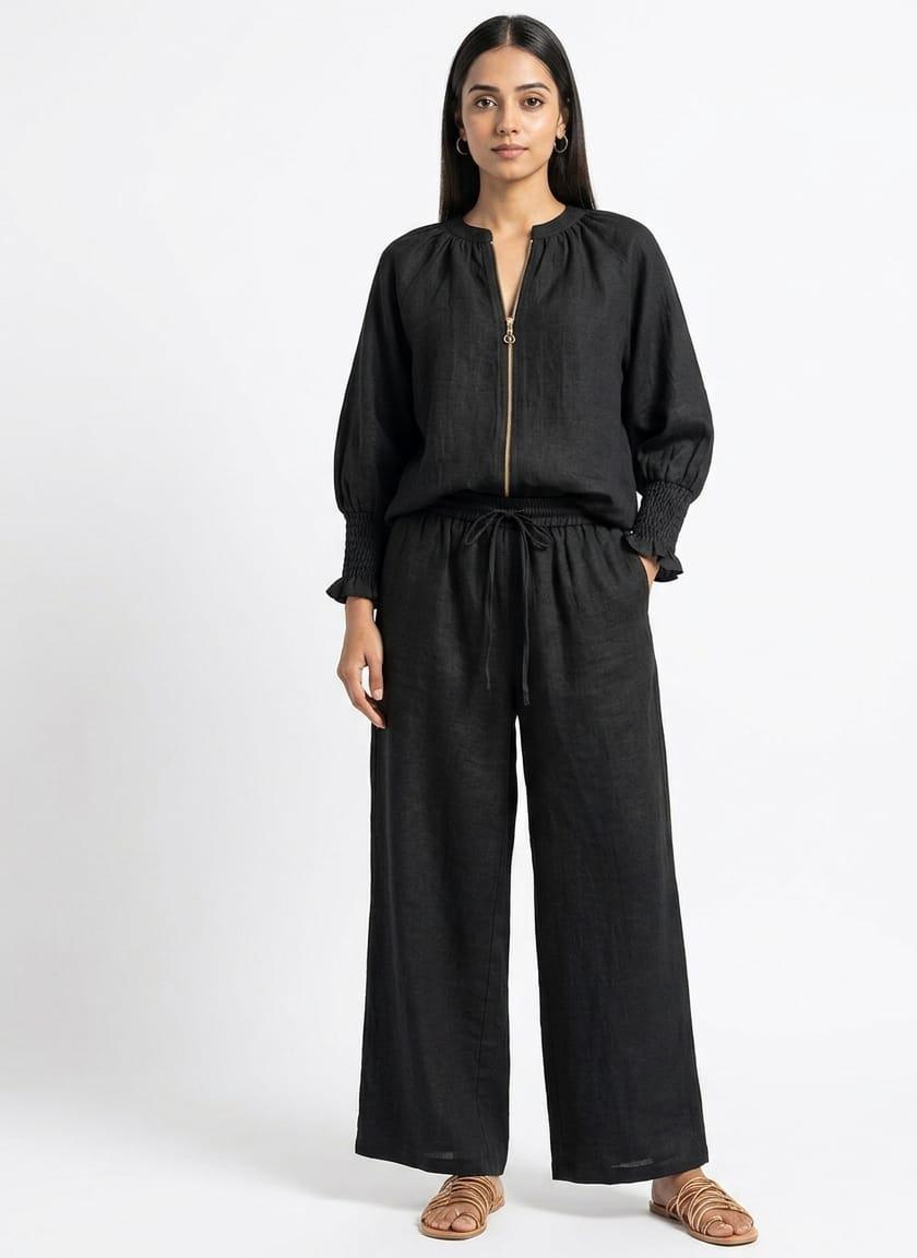 Black Zip-Front Gathered Set