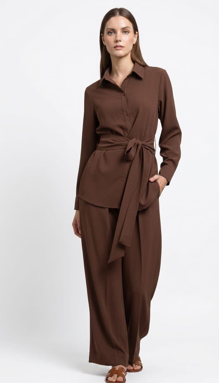 Mocha Belted Shirt Set