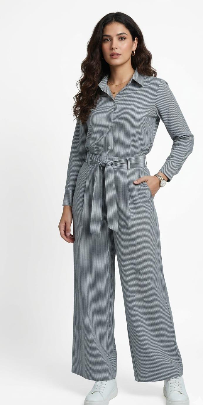 Azure Striped Belted Set