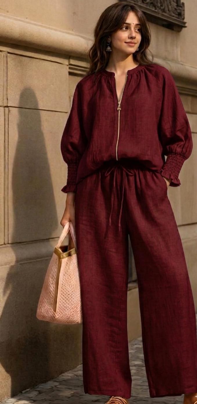 Maroon Muse Smocked Linen Co-ord Set