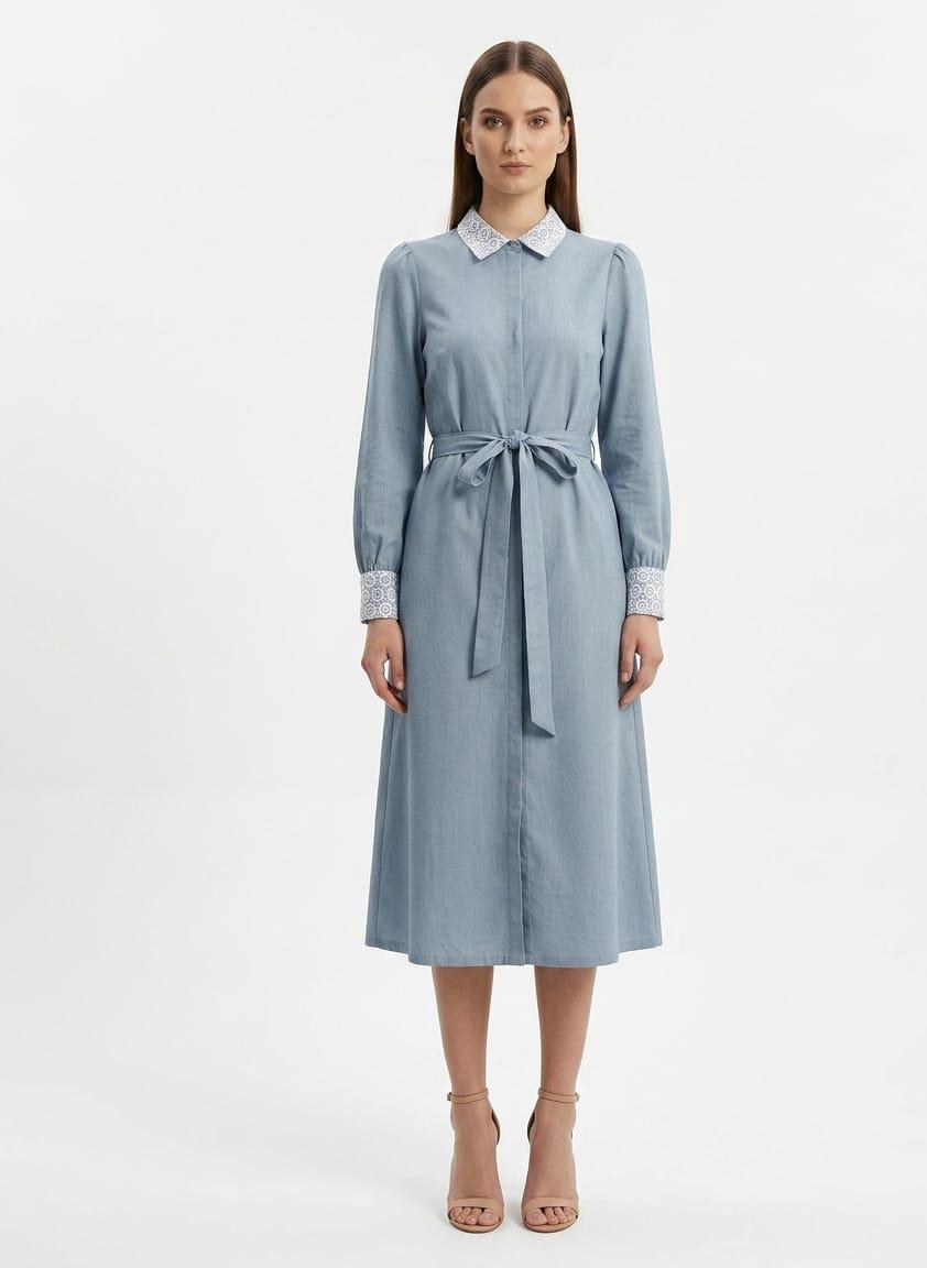 Azure Lace-Accent Belted Midi Dress