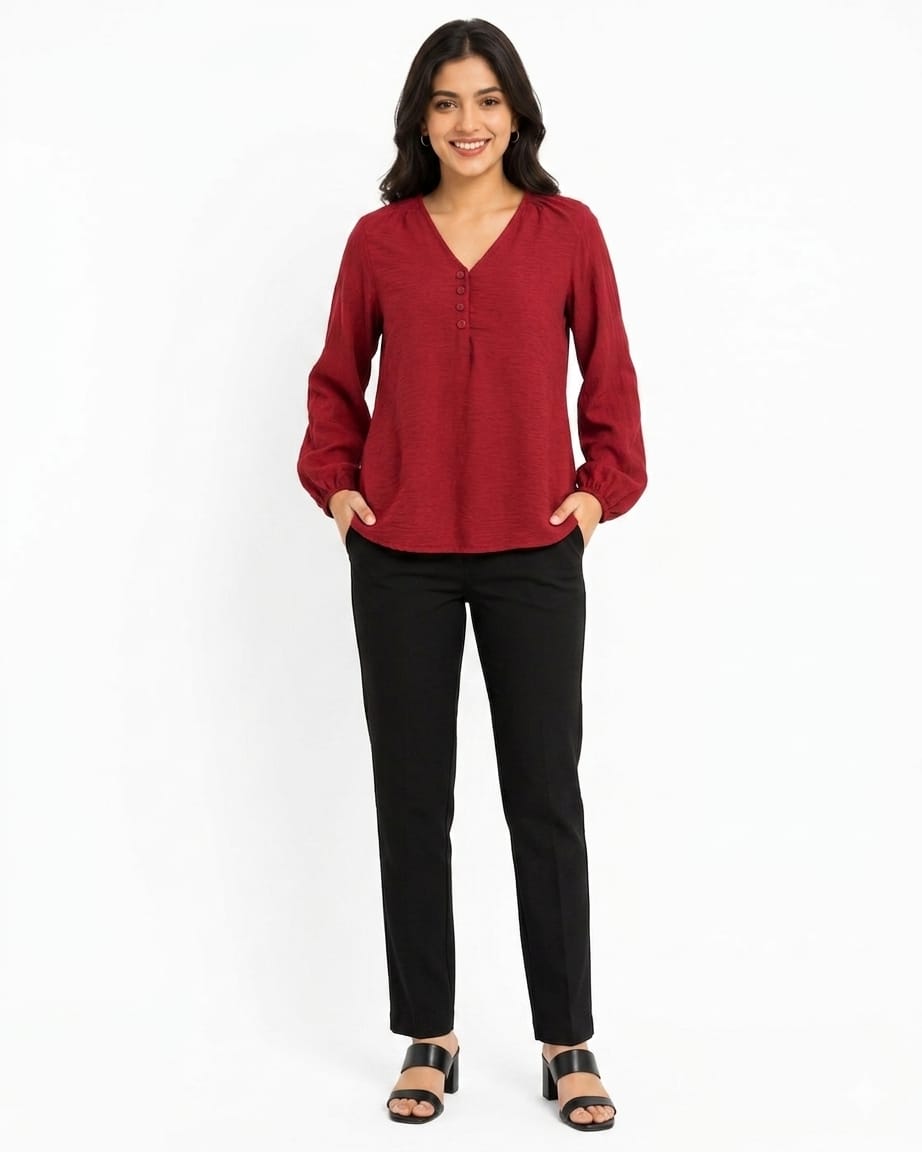 Maroon Textured V-neck Button -Placket Top