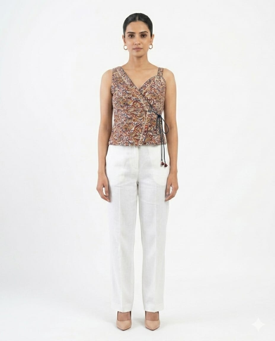 Kalamkari Floral Printed Sleeveless Angrakha Wrap Top