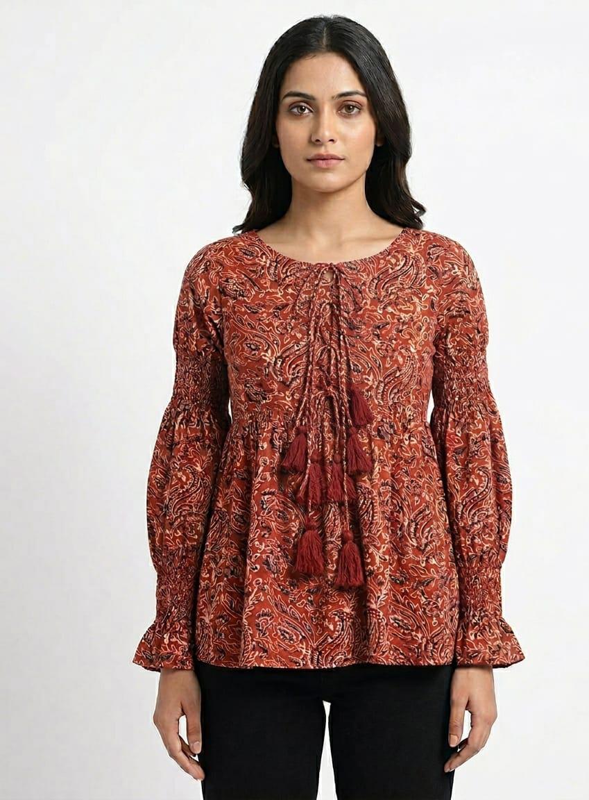 Rust Paisley Tassel Peplum Top