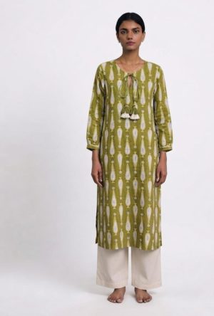 Olive Green Printed Tassel Detail Kurta