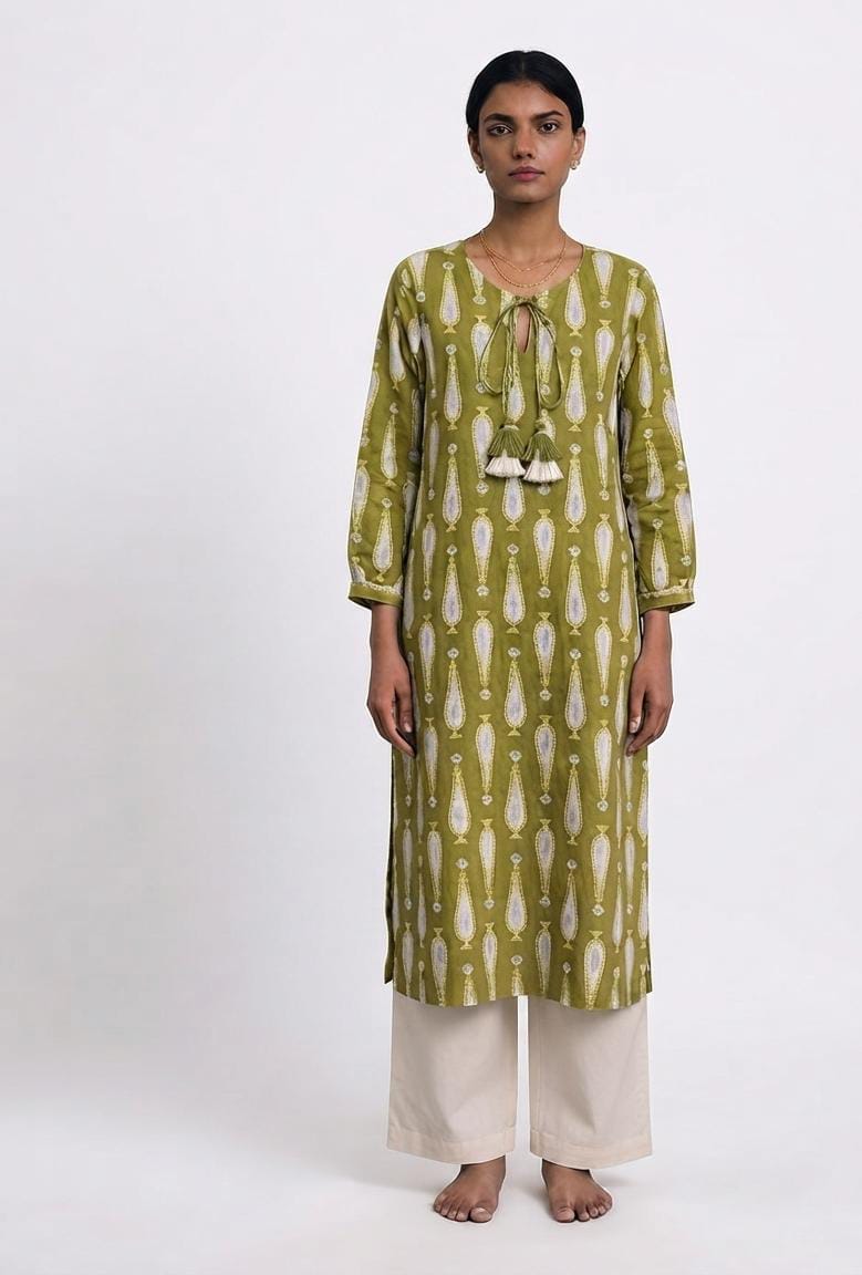 Olive Green Printed Tassel Detail Kurta
