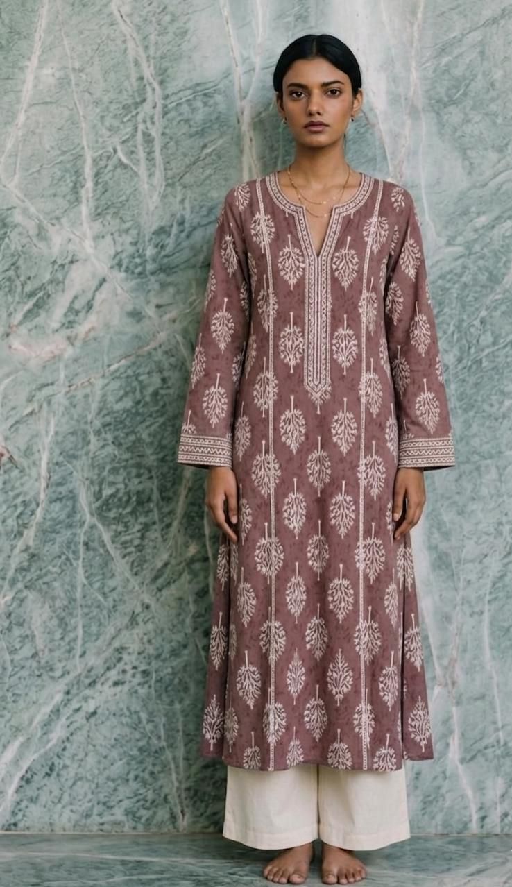 Mauve Tree-Motif Lace Embellished Straight Kurta