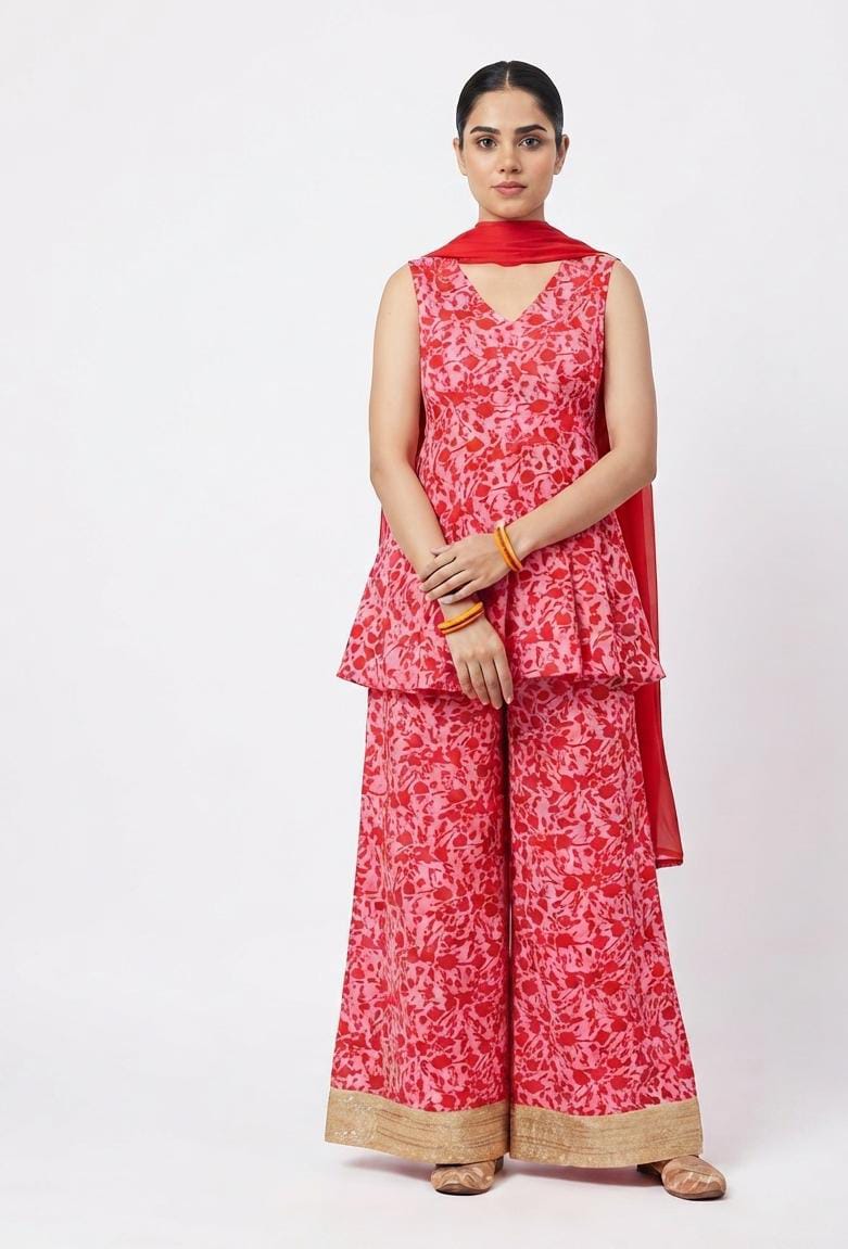Pink & Red Floral Peplum Kurta Sharara Set with Dupatta