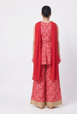Pink & Red Floral Peplum Kurta Sharara Set with Dupatta