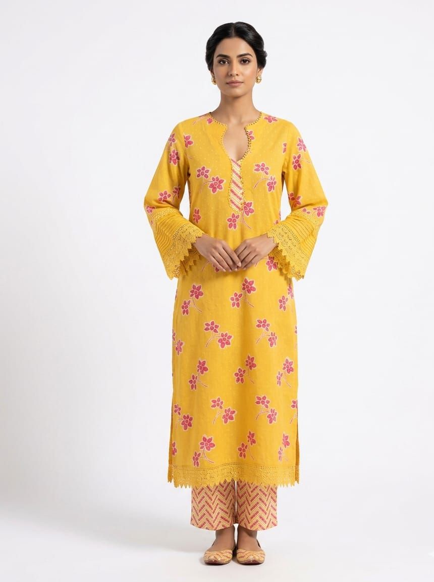 Mustard Yellow Floral Printed Lace Embellished Kurta  Set with Dupatta