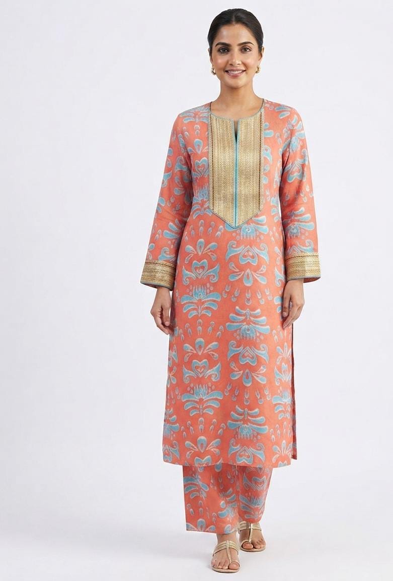Coral Printed Yoke Embroidered Kurta Set