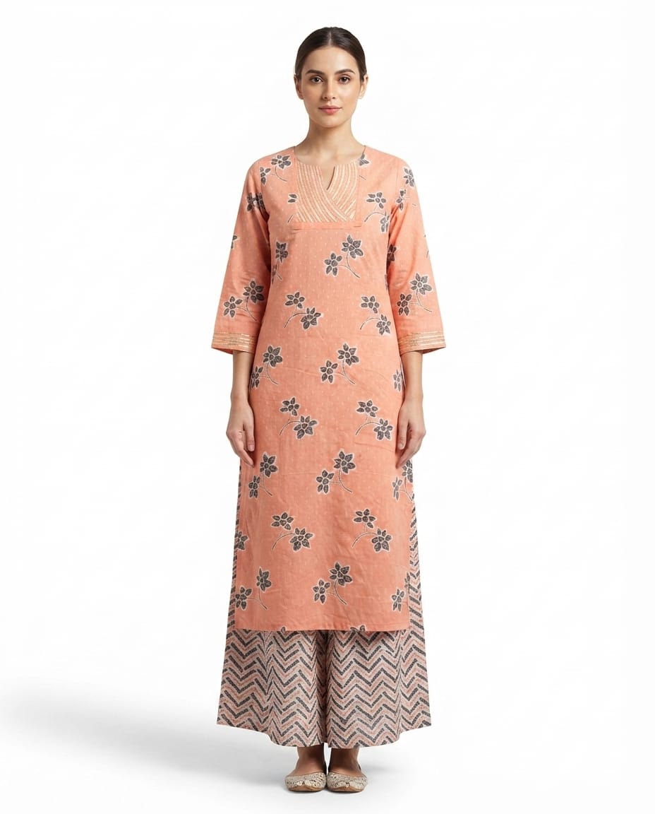 Peach Floral Printed Gota Embellished Kurta Set With Dupatta