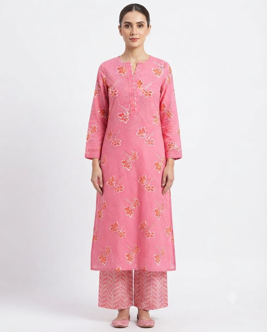 Blush Pink Floral Embroidered Kurta Set with Dupatta