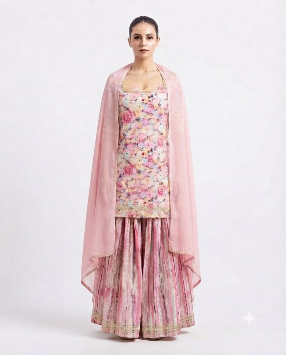 Blush Pink Floral Short Kanchli Style  Kurta Sharara Set with Dupatta