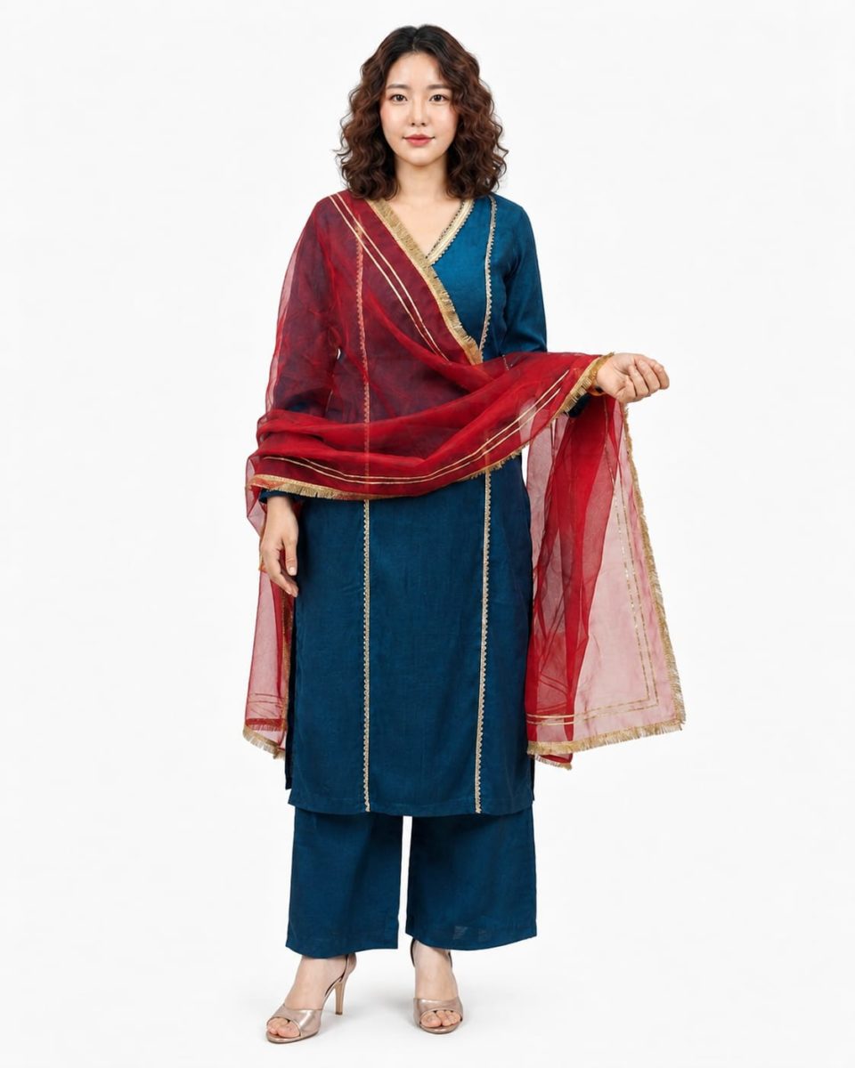 Teal Straight Kurta Set with Maroon Organza Dupatta