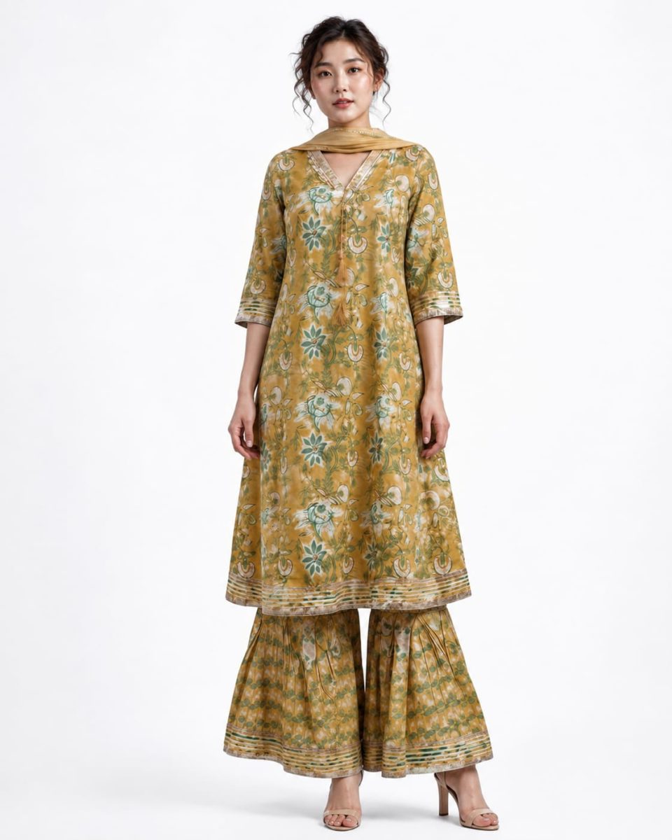 Mustard Floral Printed Kurta and Sharara Set with Dupatta