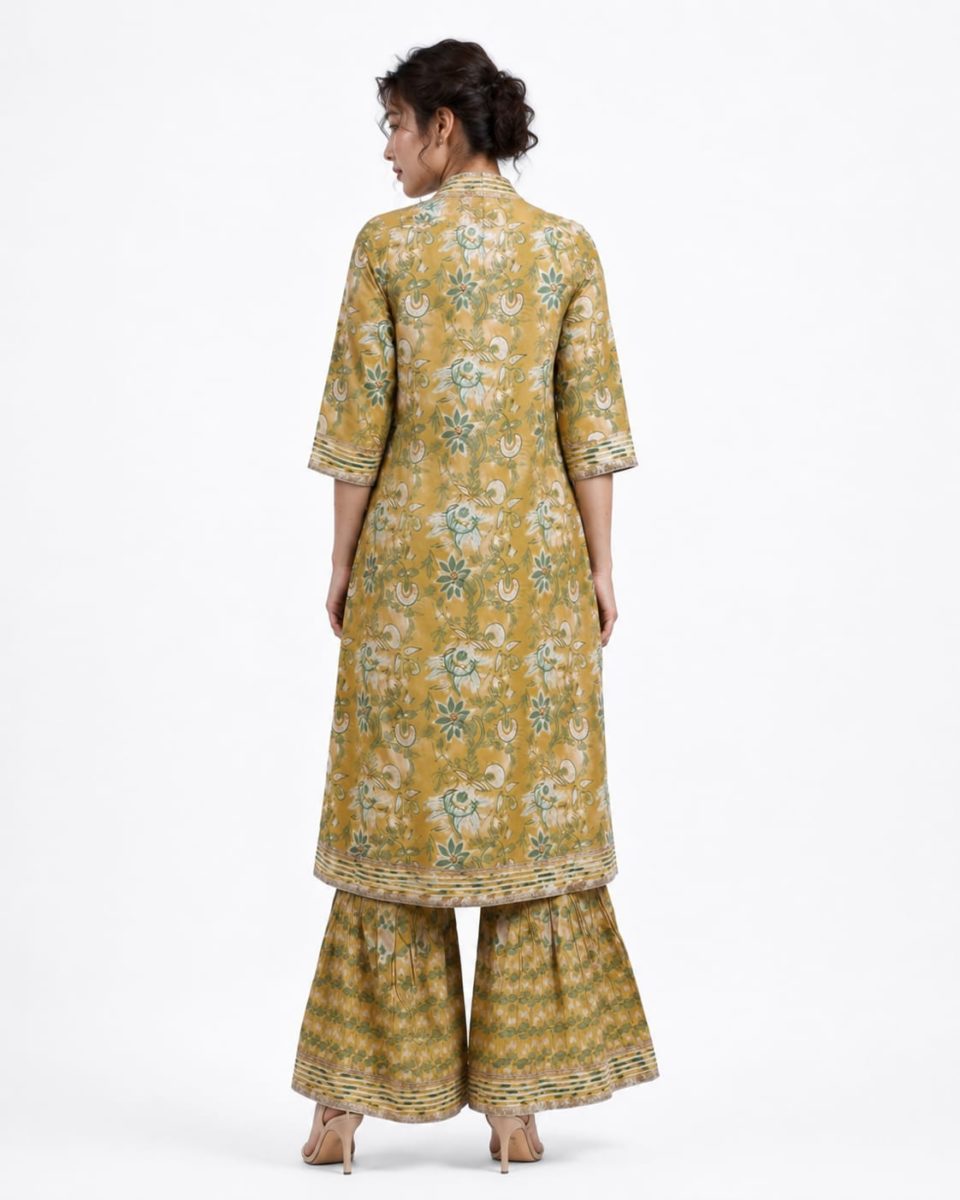 Mustard Floral Printed Kurta and Sharara Set with Dupatta